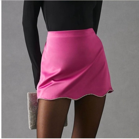 Anthropologie Dresses & Skirts - Anthropologie Scalloped satin Skirt Size 2 hot Pink Rhinestone Y2K glam Barbie